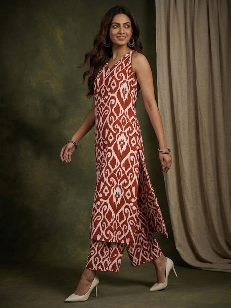 Varanga Women Red Ikat Printed Straight Kurta With Palazzo