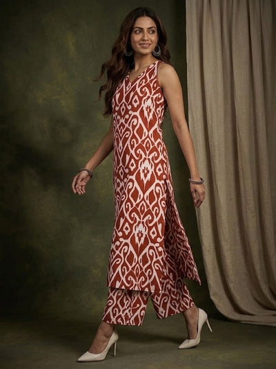Varanga Women Red Ikat Printed Straight Kurta With Palazzo