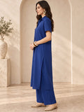 Navy Solid Shirt Collar Kurta Set
