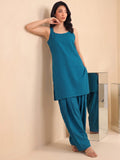 Women Teal Blue Solid Kurta Set With Farsi Salwar & Striped Dupatta