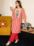 Cotton Striped Printed A-Line Kurta With Solid Trouser