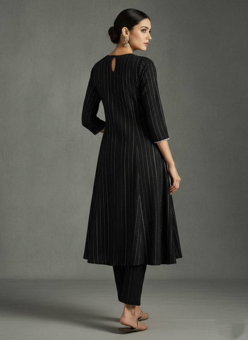 Varanga Women Black Lurex Crepe Anarkali Kurta With Trousers.