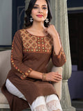 Women's Brown Yoke Embroidered Straight Kurta