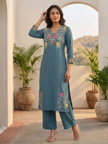 Women Floral Embroidered Blue A-Line Kurta Set