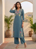 Women Floral Embroidered Blue A-Line Kurta Set