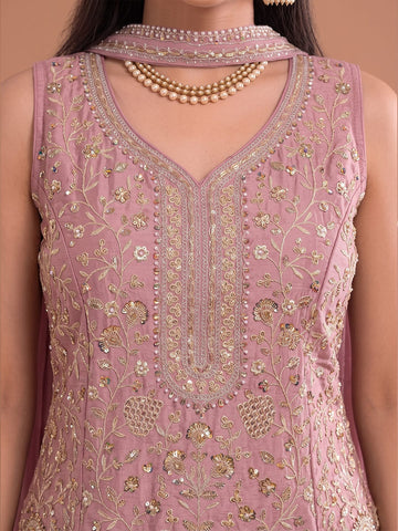 Pink Embroidered Kurta Set Featuring Zari And Sequin Work With A Matching Flared Palazzo And Embellished Dupatta