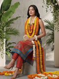 Everyday-ready rust A-line V-neck kurta paired with soft, elasticated solid trousers.