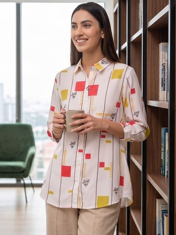 White Coloured Slim Collar Long Sleeves Colourblocked Shirt