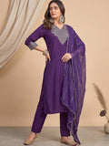 Kurta Set With Intricate Zari Embroidery, Paired With Solid Ankle-Length Trousers And An Embroidered Dupatta