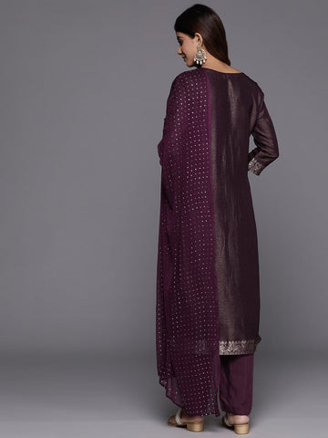 Varanga Women Purple Jacquard Weave Kurta With Bottom And Dupatta