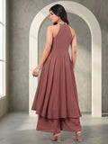 Varanga Women Nude Yoke Embroidered Sleeveless Flared Kurta With Trousers.