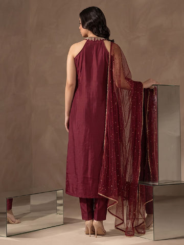 Maroon Cocktail Kurta Set With Mirror Embellishment