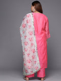 Varanga Women Plus Size Floral Yoke Design Sequinned Chanderi Silk Kurta with Trousers & Dupatta