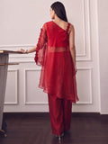 Ruby Red One-Shoulder Cape Co-Ord Set With Floral Lace Detailing