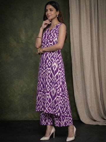 Varanga Women Purple Ikat Printed Straight Kurta With Palazzo