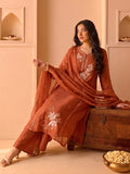 Rust Shiny Kurta Set With Embroidered Dupatta