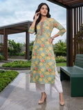 Varanga Women Sea Green Floral Printed Mirror And Thread Embroidered Straight Kurta With Thtree Quarter Sleeves