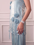 Icy Blue Square-Neck Top With Statement 3D Rose Paired With Wide-Leg Trousers