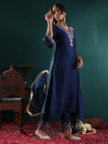 Varanga Women Blue Embroidered Straight Kurta Paired With Tonal Embroidered Bottom And With Tonal Chiffon Dotted Dupatta