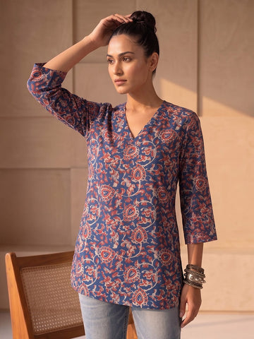 Women's Indigo & Rust Floral Block Print Kurta