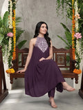 Varanga Women Purple Embroidered Sleeveless Flared Kurta Paired With Tonal Bottom