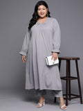 Varanga Women Plus Size Grey Colour, Bishop Sleeve A-Line Kurta Paired With Tonal Bottom