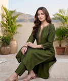 Varanga Women Olive Green Round Neck Kurta With Tonal Bottom & Printed Dupatta