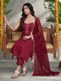 Varanga Women Maroon Round Neck, Spaghetti Strap Style Straight Kurta Paired With Tonal Bottom And Dupatta