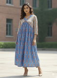 Classic ikat print Aliya-cut kurta in blue and white, teamed with regular-fit ankle-length trousers.