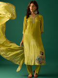 Kurta With Stone-Embellished Print Paired With Solid Ankle-Length Trousers And A Printed Dupatta