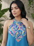 Varanga Women Halter Neck Blue Sleeveless Flared Kurta Paired With Tonal Bottom