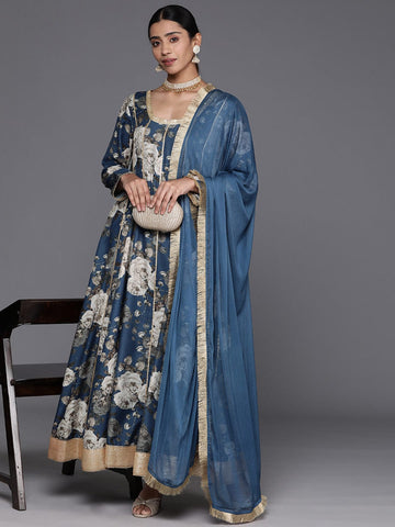 Ghatchola Rayon Anarkali Suit in Navy Blue : KMM92