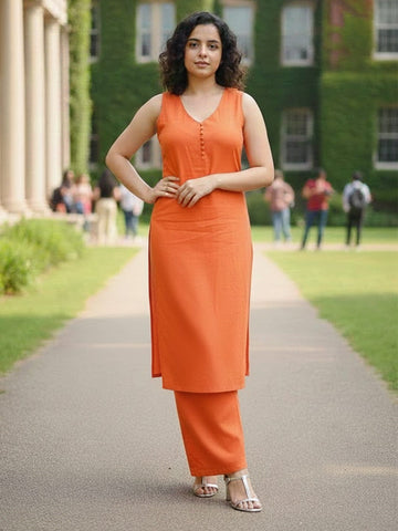 Sleeveless Orange Kurta with Floral Dupatta and  Pants