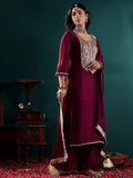 Varanga Women Purple Zari Embroidered Kurta With Bottom And Dupatta