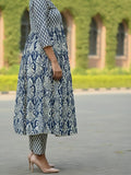 Classic ikat print Aliya-cut kurta in blue and white, teamed with regular-fit ankle-length trousers.