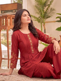Rust Embroidered Kurta Set, Paired With Tonal Trousers And Dupatta.