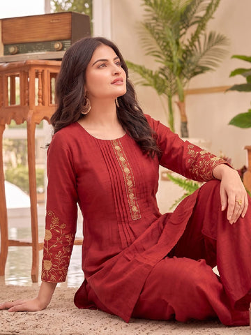 Rust Embroidered Kurta Set, Paired With Tonal Trousers And Dupatta.