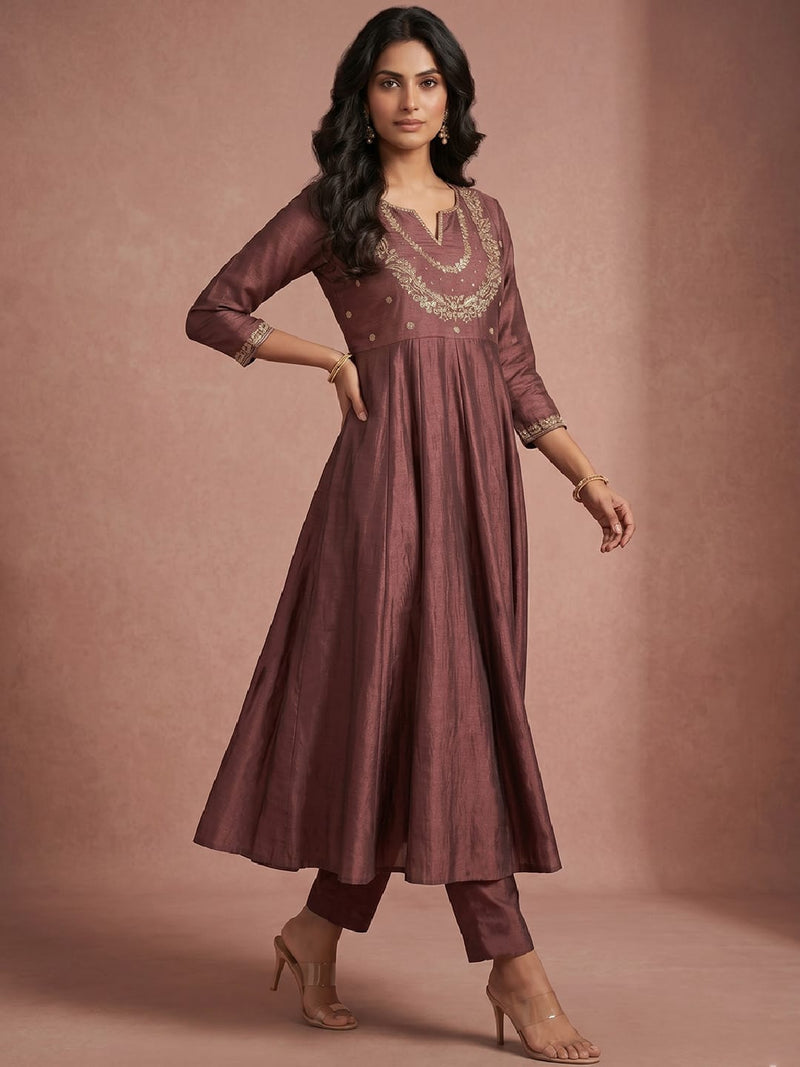 Women's Vintage Gilded Mauve Anarkali Set