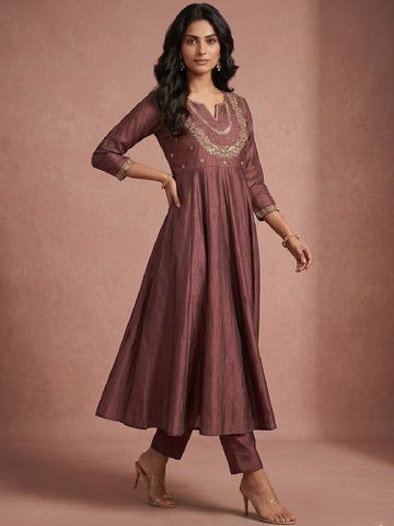 Women's Vintage Gilded Mauve Anarkali Set