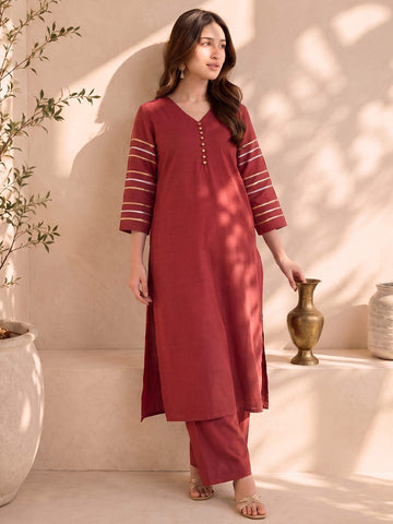 Rust Red Kurta Set Paired With A Shimmering Striped Dupatta