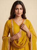Mustard Yellow Embroidered A-Line Kurta Set With Sequin Detailing