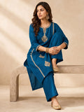 Women's Blue Kurta Set With Strip Dupatta