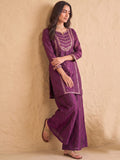 Wine Embroidered Kurta Set Paired With A Shimmering Organza Dupatta.
