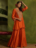 Rust Yoke Embroidered Kurta With Flared Sharara And Dupatta.