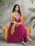 Varanga Women Fushcia Embroidered Sleeveless Flared Kurta Paired With Tonal Bottom