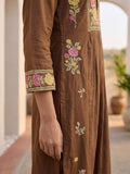 Floral Embroidered Brown Ethnic Kurta With Gathered Detailing