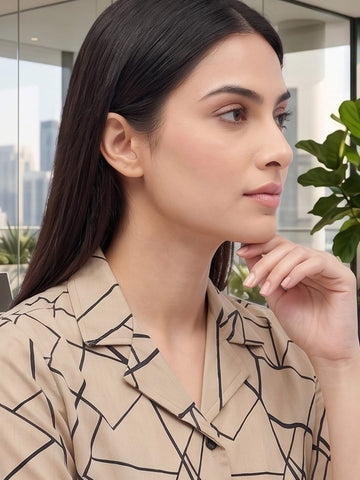 Beige Coloured Short Sleeves Shirt Collar Top