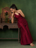 Women'S Wine-Red Jacquard Halter Neck Kurta And Palazzo Set For Festive Wear.