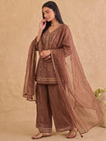 Embroidered Brown Kurta Set With Palazzo And Dupatta.