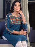 Women's Blue Yoke Embroidered Straight Kurta